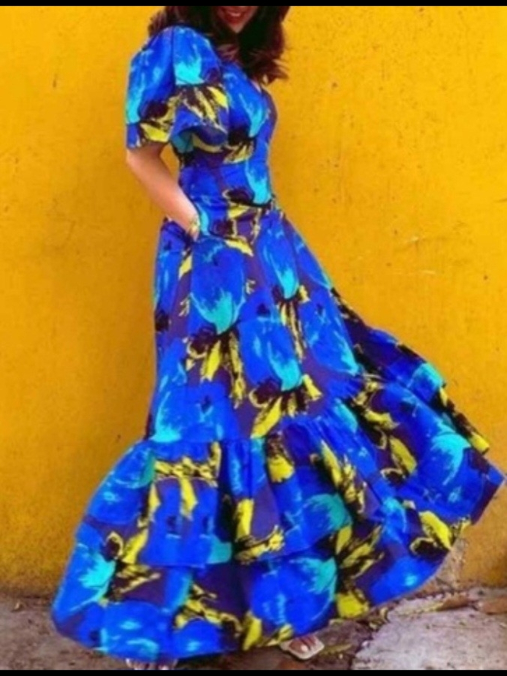 Christopher John Rogers Blue Floral Tiered Maxi Dress